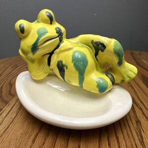 Vintage Unique Groovy Ceramic Frog Soap Toothbrush Holder Green‎ Yellow